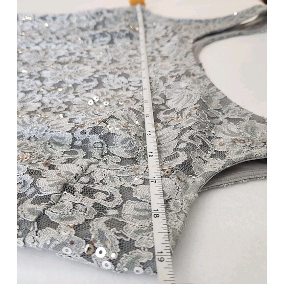 R & M Richards Silver Sequin Lace Stretch Midi Cocktail Wedding Guest Dress SZ14 - Picture 3 of 16